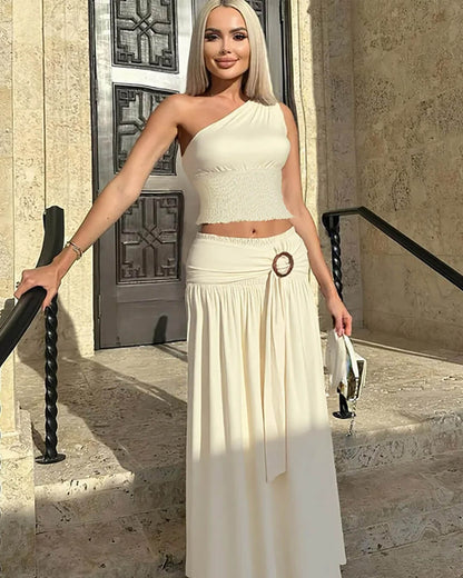 Asymmetric One-Shoulder Belted Maxi Skirt Set