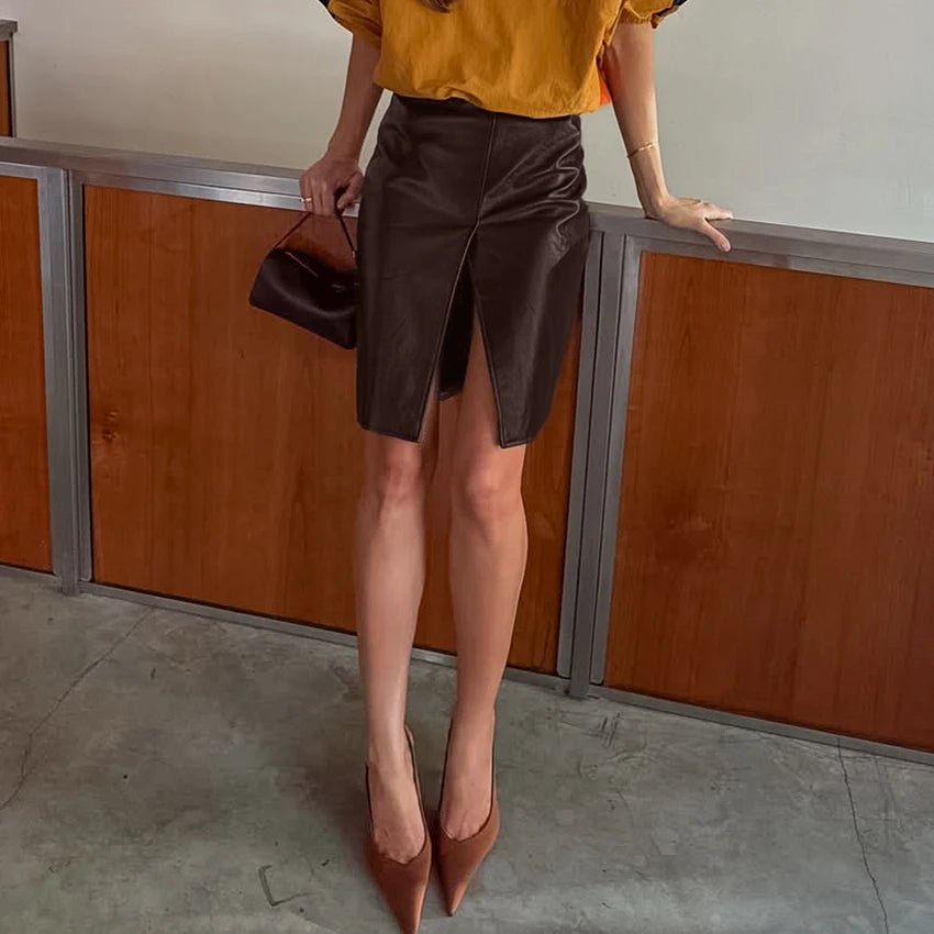 High Waist Split Knee Vegan Leather Skirt