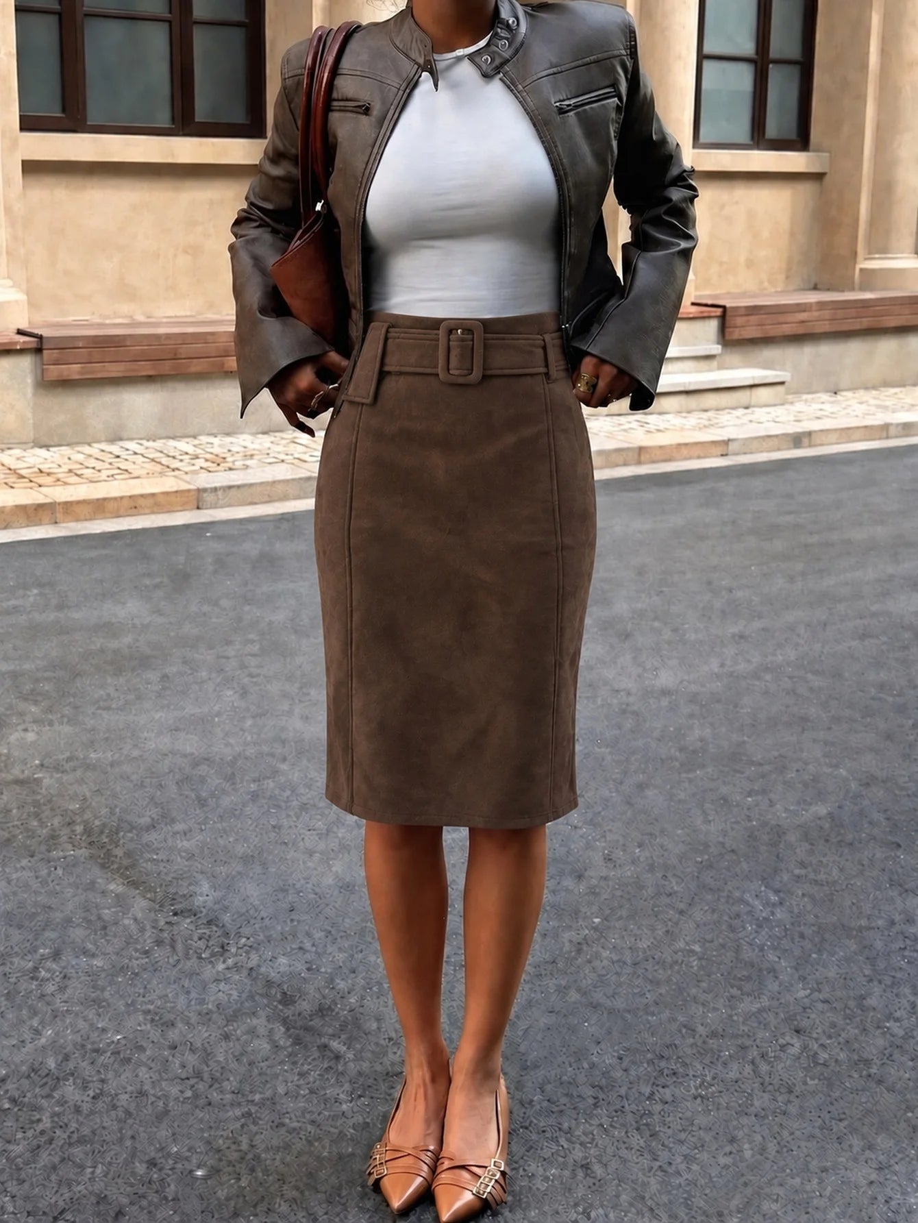 Belted Faux Suede Midi Skirt