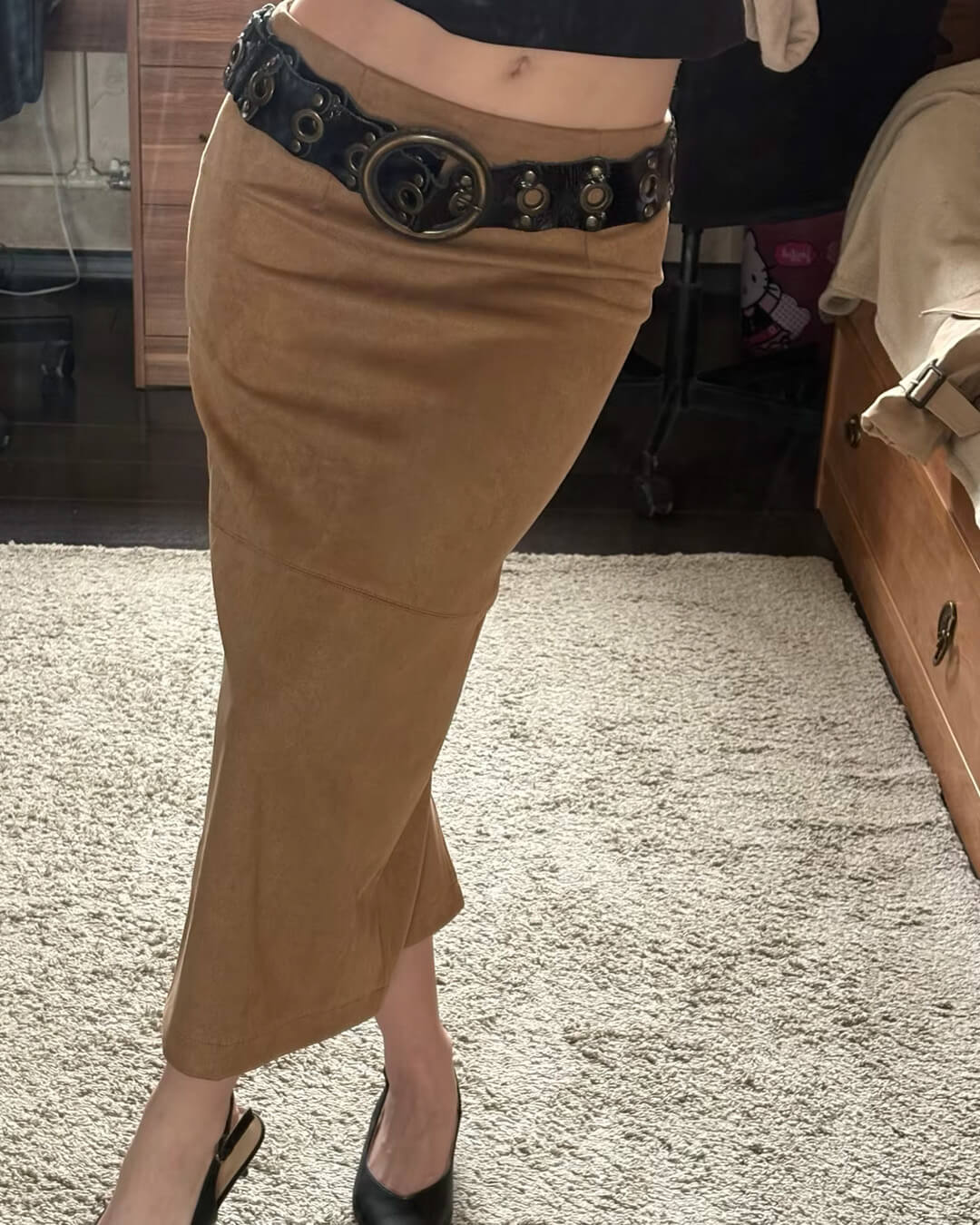High-Waist Pencil Faux Suede Midi Skirt
