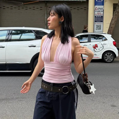 Crop top débardeur à col V plongeant et laçage