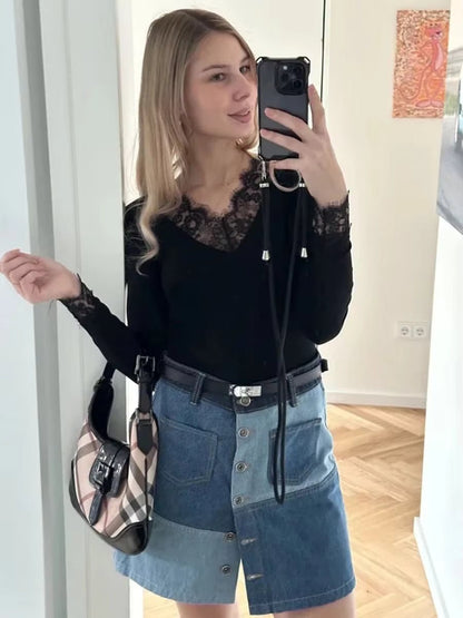 Langarm-Spitzen-V-Ausschnitt Casual Top