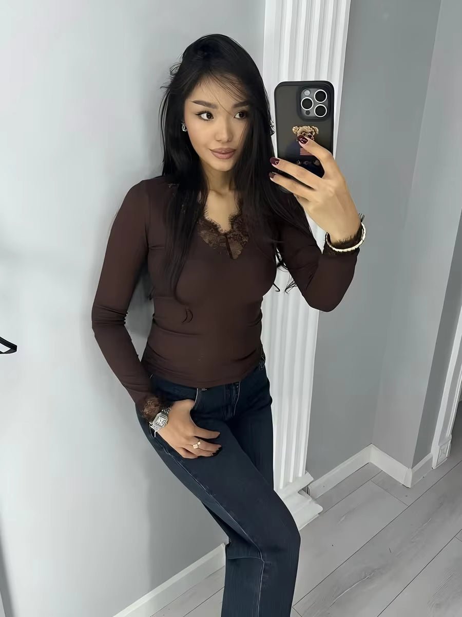 Langarm-Spitzen-V-Ausschnitt Casual Top