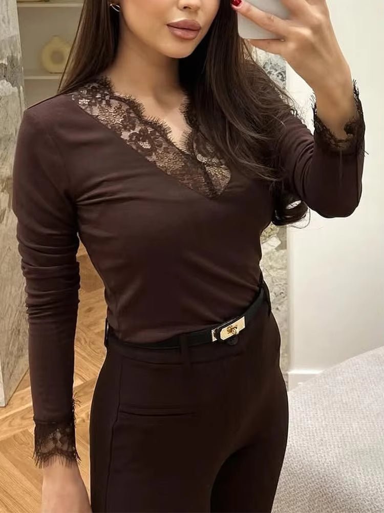 Langarm-Spitzen-V-Ausschnitt Casual Top