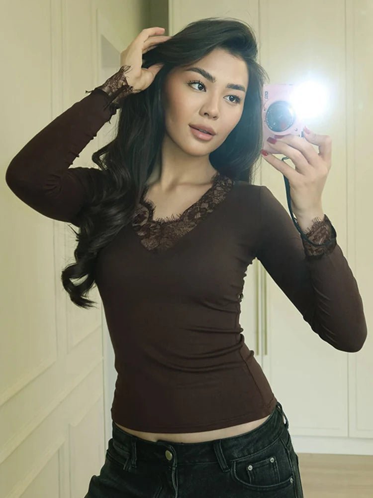Langarm-Spitzen-V-Ausschnitt Casual Top
