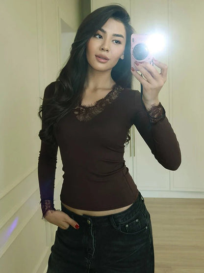 Langarm-Spitzen-V-Ausschnitt Casual Top
