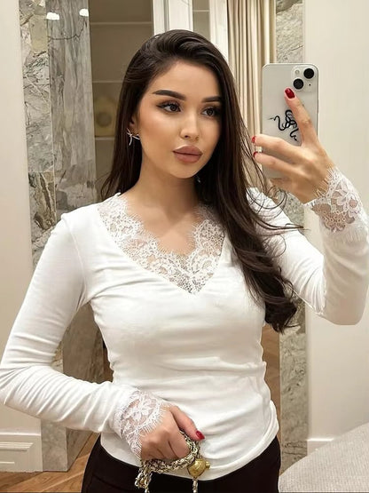 Langarm-Spitzen-V-Ausschnitt Casual Top
