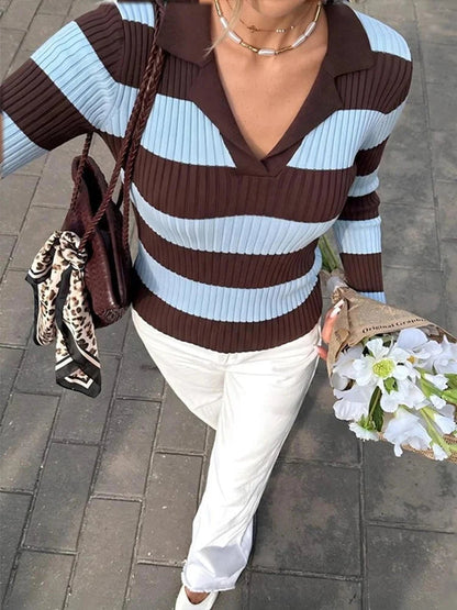 Striped Long Sleeve Knit Polo Pullover